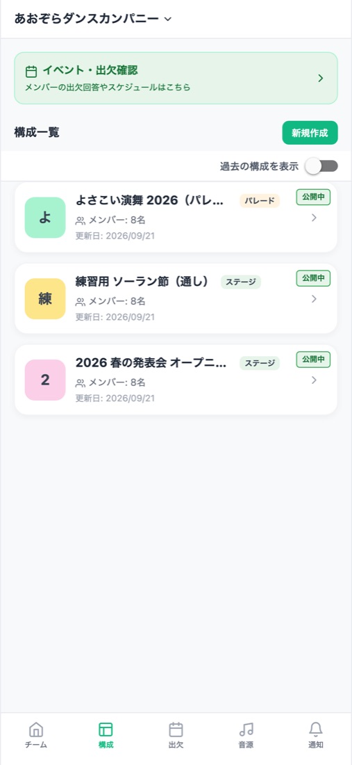 チームの構成の一覧の画面(スマホ)