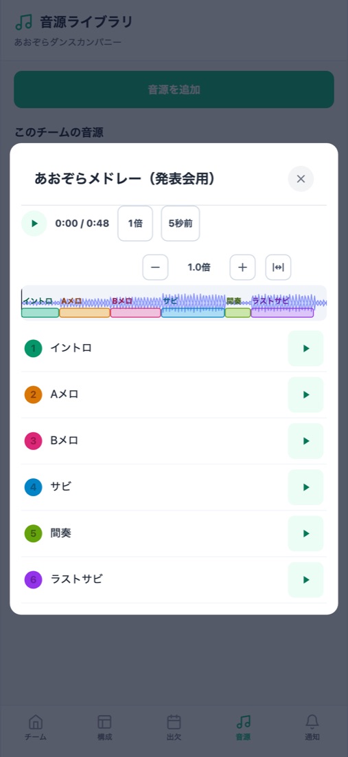 曲を区間に区切って再生する画面(スマホ)